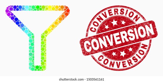 Pixel spectrum filter mosaic icon and Conversion watermark. Red vector rounded grunge seal stamp with Conversion message. Vector combination in flat style.