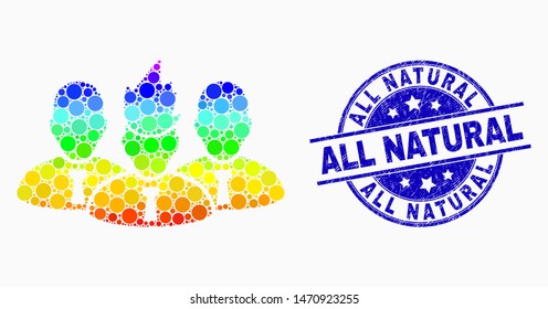 Pixel spectrum flamed team leader mosaic pictogram and All Natural seal stamp. Blue vector round textured seal stamp with All Natural text. Vector collage in flat style.