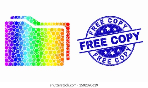 Pixel spectrum folders mosaic icon and Free Copy seal. Blue vector rounded grunge seal stamp with Free Copy message. Vector collage in flat style.