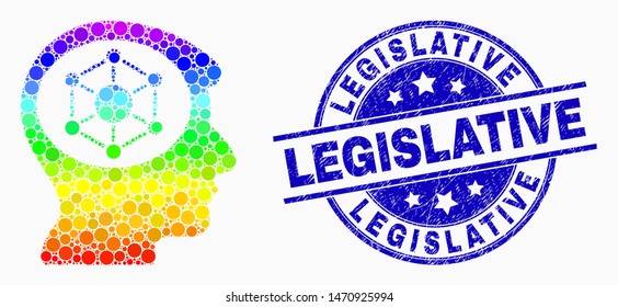 Pixel spectrum human memory mosaic icon and Legislative seal stamp. Blue vector rounded textured seal with Legislative title. Vector composition in flat style.