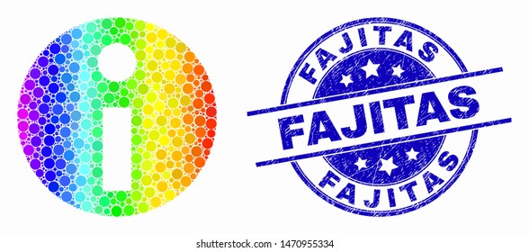 Pixel spectrum information mosaic icon and Fajitas seal stamp. Blue vector rounded textured stamp with Fajitas phrase. Vector combination in flat style.