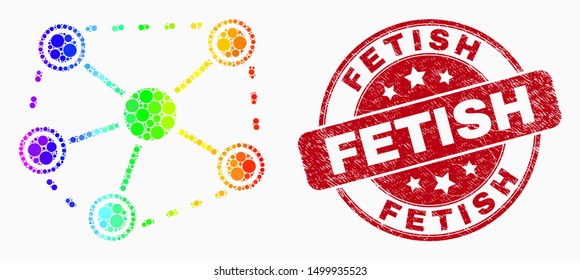 Pixel spectrum links mosaic pictogram and Fetish watermark. Red vector rounded textured stamp with Fetish phrase. Vector composition in flat style.