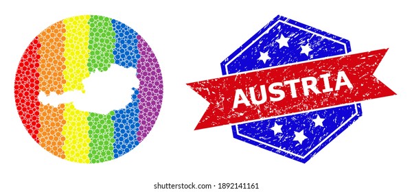 Pixel spectrum map of Austria mosaic designed with circle and hole, and textured badge. LGBT spectrum colored pixels around empty map of Austria. Bicolor rubber seal uses red and blue colors,