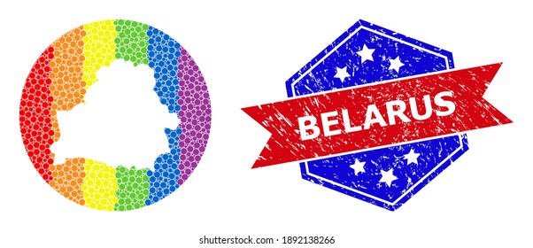 Pixel spectrum map of Belarus collage composed with circle and cut out shape, and scratched seal stamp. LGBT spectrum colored dots around empty map of Belarus.