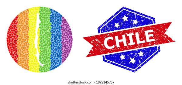 Pixel spectrum map of Chile mosaic designed with circle and subtracted space, and grunge seal stamp. LGBT rainbow colored dots around empty map of Chile. Bicolor stamp print uses red and blue colors,