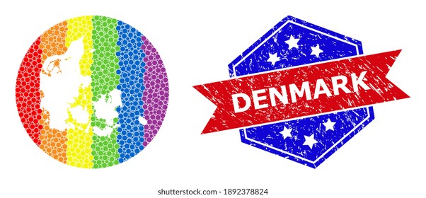 Pixel spectrum map of Denmark collage designed with circle and stencil, and textured watermark. LGBTQ spectrum colored pixels around empty map of Denmark. Bicolor watermark uses red and blue colors,