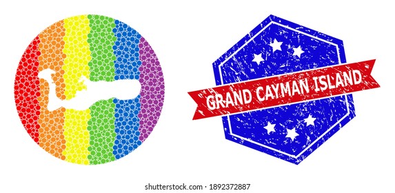 Pixelspektrum-Karte von Grand Cayman Island Collage entworfen mit Kreis und Loch, und Grunge-Abzeichen. LGBT-farbige Punkte rund um die leere Karte von Grand Cayman Island.