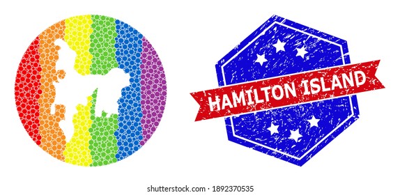 Pixel spectrum map of Hamilton Island mosaic designed with circle and subtracted shape, and grunge stamp. LGBT spectrum colored pixels around empty map of Hamilton Island.
