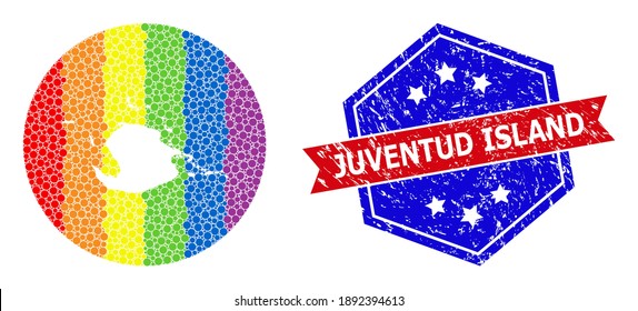Mapa del espectro de píxeles del collage de la isla Juventud creado con forma circular y substracta, y sello de sellado de angustia. Píxeles de espectro LGBTQ coloreados alrededor del mapa vacío de la isla Juventud.