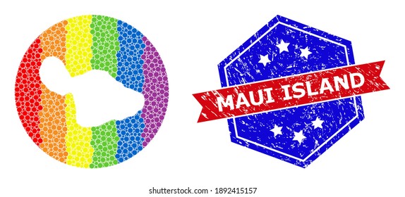Pixelspektrum-Karte von Maui Island Mosaik gebildet mit Kreis und subtrahierte Form, und Stempel für Distress. LGBT-farbige Punkte rund um die leere Karte von Maui Island.