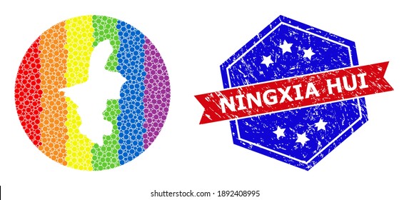 Pixel spectrum map of Ningxia Hui Region mosaic designed with circle and cut out shape, and textured stamp. LGBTQ rainbow colored dots around empty map of Ningxia Hui Region.