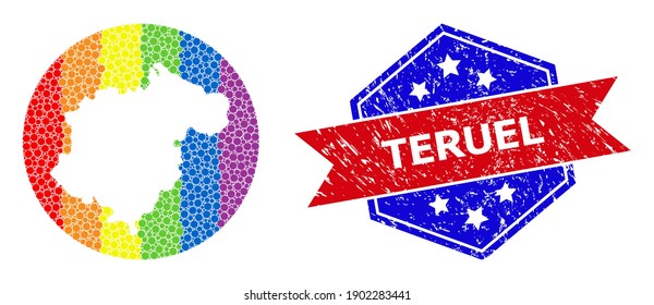 Pixelspektrum-Karte des Mosaiks der Provinz Teruel, bestehend aus Kreis und Schablone, und farbige Schablone. LGBT-farbige Punkte rund um eine leere Karte der Provinz Teruel.