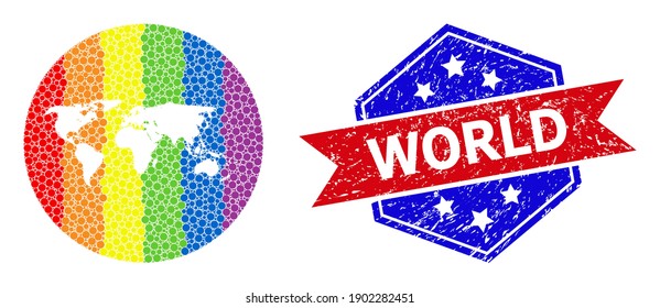 Pixel spectrum map of world mosaic created with circle and subtracted space, and textured seal stamp. LGBT spectrum colored dots around empty map of world. Bicolor watermark uses red and blue colors,