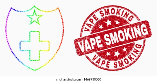 Pixel spectrum medical shield mosaic icon and Vape Smoking watermark. Red vector rounded textured watermark with Vape Smoking caption. Vector composition in flat style.
