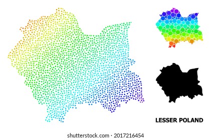 Pixel spectrum, and monochrome map of Lesser Poland Province, and black title. Vector model is created from map of Lesser Poland Province with round dots. Collage designed for political posters.