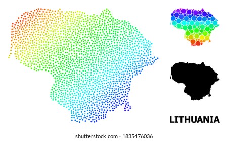 Espectro de píxeles, mapa monocromo de Lituania, y nombre negro. La estructura vectorial se crea a partir del mapa de Lituania con esferas. El collage es útil para fines geográficos.