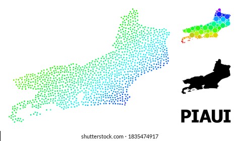 Espectro de píxeles, mapa monocromo del estado de Piaui y texto negro. El modelo vectorial se crea a partir del mapa del estado de Piaui con círculos. La abstracción es útil para las plantillas geográficas.