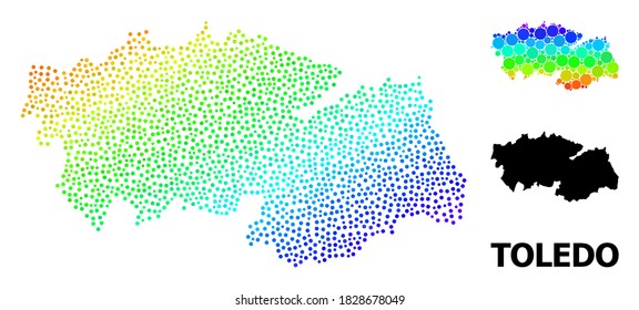 Pixelspektrum und monochrome Karte der Provinz Toledo, und schwarze Bildunterschrift. Vektorstruktur wird aus Karte der Provinz Toledo mit Sphären erstellt. Illustration ist für geografische Plakate nützlich.