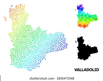 Pixel Spektrum, und monochrome Karte der Provinz Valladolid, und schwarze Markierung. Die Vektorstruktur wird aus Karte der Provinz Valladolid mit Kreisen erstellt. Kollage für politische Zwecke.
