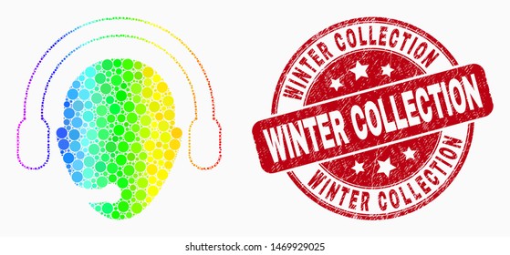 Pixel spectrum operator head mosaic pictogram and Winter Collection seal stamp. Red vector round distress seal stamp with Winter Collection caption. Vector combination in flat style.