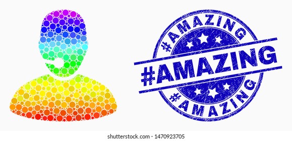 Pixel spectrum operator mosaic icon and #Amazing seal. Blue vector round distress seal with #Amazing message. Vector combination in flat style. Spectrum gradient operator illustration of random dots,