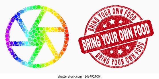 Pixel spectrum shutter mosaic pictogram and Bring Your Own Food seal stamp. Red vector round distress seal stamp with Bring Your Own Food title. Vector combination in flat style.