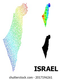 Pixel spectrum, and solid map of Israel, and black text. Vector structure is created from map of Israel with circles. Template is useful for political purposes. Bright gradiented map of Israel,