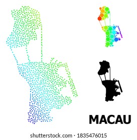 Pixel spectrum, and solid map of Macau, and black tag. Vector model is created from map of Macau with round dots. Collage is useful for political ads. Spectrum gradiented map of Macau,