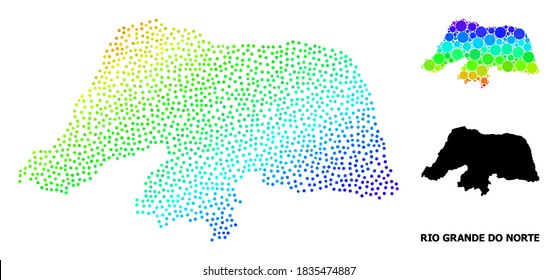 Pixelspektrum und solide Karte von Rio Grande do Norte Staat, und schwarzer Text. Die Vektorstruktur wird aus der Karte des Rio Grande do Norte Staat mit Kreisen erstellt. Abstraktion ist für politische Anzeigen nützlich.