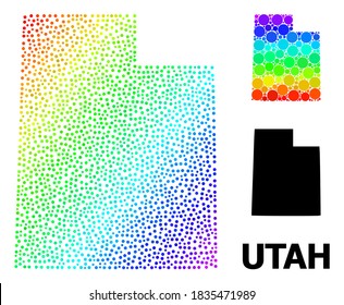Pixel spectrum, and solid map of Utah State, and black tag. Vector model is created from map of Utah State with circles. Collage is useful for political ads. Bright gradient map of Utah State,