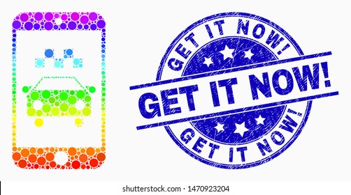 Pixel spectrum taxi smartphone application mosaic pictogram and Get It Now! seal stamp. Blue vector rounded grunge stamp with Get It Now! title. Vector combination in flat style.