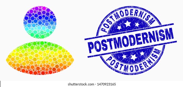 Pixel Spectrum User Mosaic Icon And Postmodernism Seal. Blue Vector Rounded Distress Seal With Postmodernism Caption. Vector Composition In Flat Style.