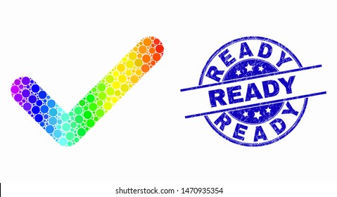 Pixel spectrum yes tick mosaic icon and Ready seal stamp. Blue vector rounded grunge seal stamp with Ready caption. Vector collage in flat style. Spectral gradient yes tick mosaic of scattered dots,