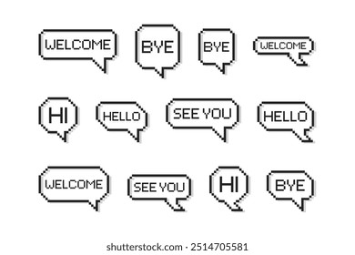 pixel speech bubble. pixel bubbles welcome, bye, hello, hi, see you