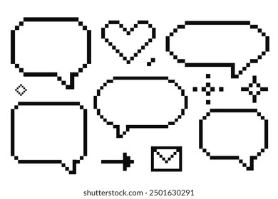 Pixel speech bubble cloud 8 bit y2k mensaje retro digital con estrellas, flecha, corazón. Cuadro de discusión del juego, comentario.b Marco de texto, borde. 80, 90 juegos de ordenador.