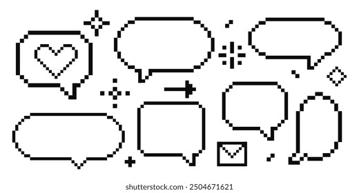 Pixel speech bubble cloud 8 bit y2k digital retro message with stars, arrow, heart. Game talk box, comment.b Text frame, border. 80s, 90s computer games.