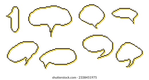 Pixel speech bubble Collection chart dialogue boxes. Retro game 8 bit line text box. Yellow, Black and white color empty pixelated message bar. Quote cloud frames. Flat design vector illustration.