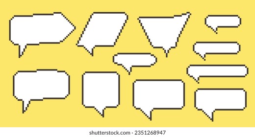 Pixel speech bubble Collection chart dialogue boxes. Retro game 8 bit line text box. Yellow, Black and white color empty pixelated message bar. Quote cloud frames. Flat design vector illustration.