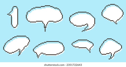 Pixel speech bubble Collection chart dialogue boxes. Retro game 8 bit line text box. Yellow, Black and white color empty pixelated message bar. Quote cloud frames. Flat design vector illustration.
