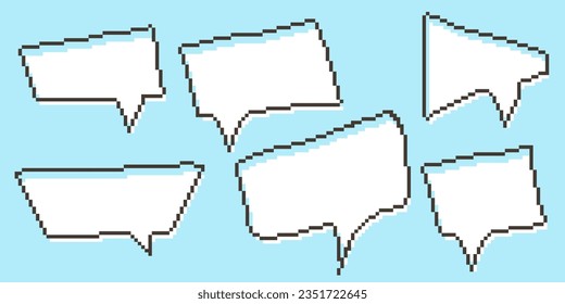 Pixel speech bubble Collection chart dialogue boxes. Retro game 8 bit line text box. Yellow, Black and white color empty pixelated message bar. Quote cloud frames. Flat design vector illustration.