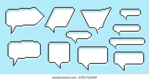 Pixel speech bubble Collection chart dialogue boxes. Retro game 8 bit line text box. Yellow, Black and white color empty pixelated message bar. Quote cloud frames. Flat design vector illustration.