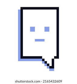 Pixel speech bubble. Emoji or emoticon in square cloud. Communication on Internet, sticker for social networks. Interface elements in retro and old style for website. Cartoon flat vector illustration