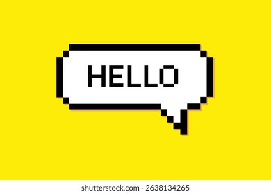 Pixel speech bubble " HELLO "Conversation or dialogue on yellow background. Vector illustration.