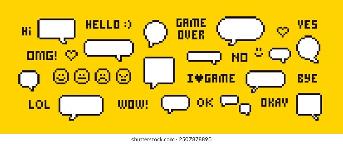 Pixel speech bubble icons set with messenger chat dialogue text in 8-bit retro video game. Empty pixel text bubble with space fore text. Chat signs and icons. Editable pixel vector design