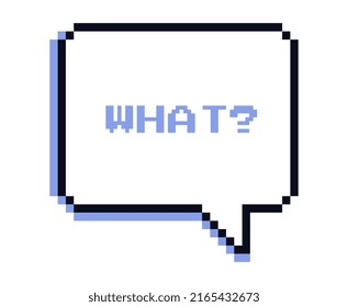 Pixel speech bubble. Large square cloud with rounded corners and WHAT Graphic elements in retro style, communication and interaction, old interface for games. Cartoon flat vector illustration