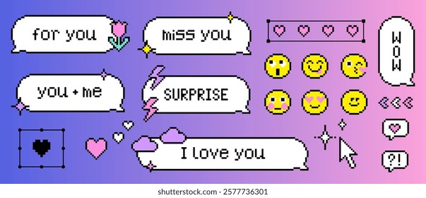 Pixel speech bubble love messages. I love you, miss you. Love phrases. Pixel art sticker, badge, emoji. 8-bit game arcade speech bubble. Y2k dialogue balloon vector icons set. Game abstract elements