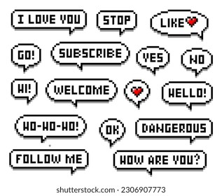 Pixel speech bubble messages. Like, subscribe, follow social media web interface buttons or banners, 8bit game arcade GUI speech bubble or dialogue balloon pixelated vector icons or pictograms set