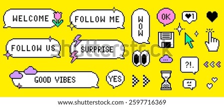 Pixel speech bubble messages in the mood of 90's. Welcome, Follow social media web interface button, sticker, badge. 8bit emoji set. Y2k dialogue balloon vector icons set. Retro game abstract elements