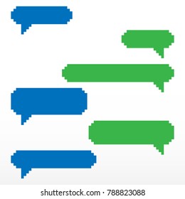Pixel speech bubble, with place for text boxes, dialog boxes text message set. Short message service bubbles with place for text chat text boxes.