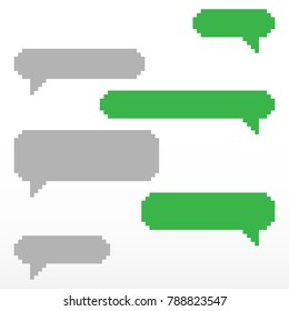 Pixel speech bubble, with place for text boxes, dialog boxes text message set. Short message service bubbles with place for text chat text boxes.